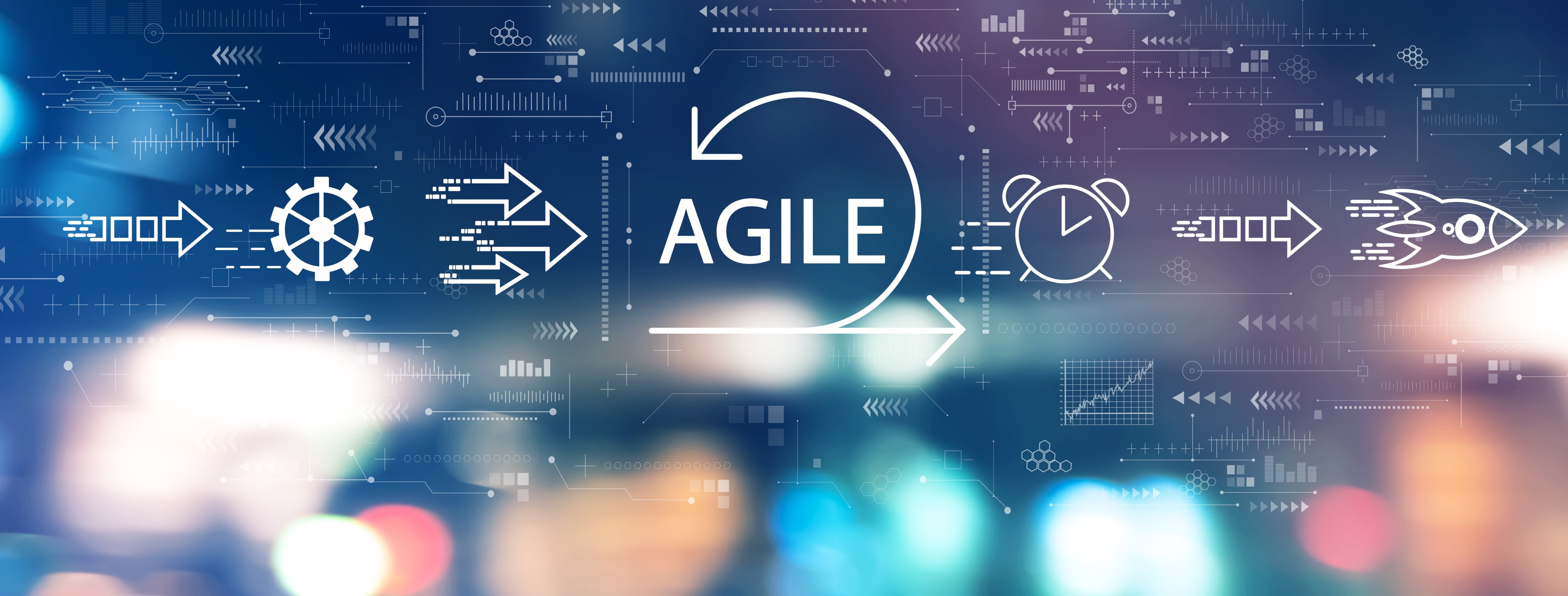 Stylised Agile Icons on a blurred city lights background